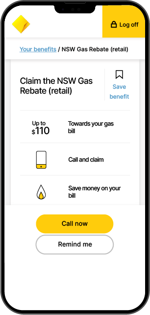 cba mobile phone screenshot "Claim the NSW Gas Rebate (retail)" 