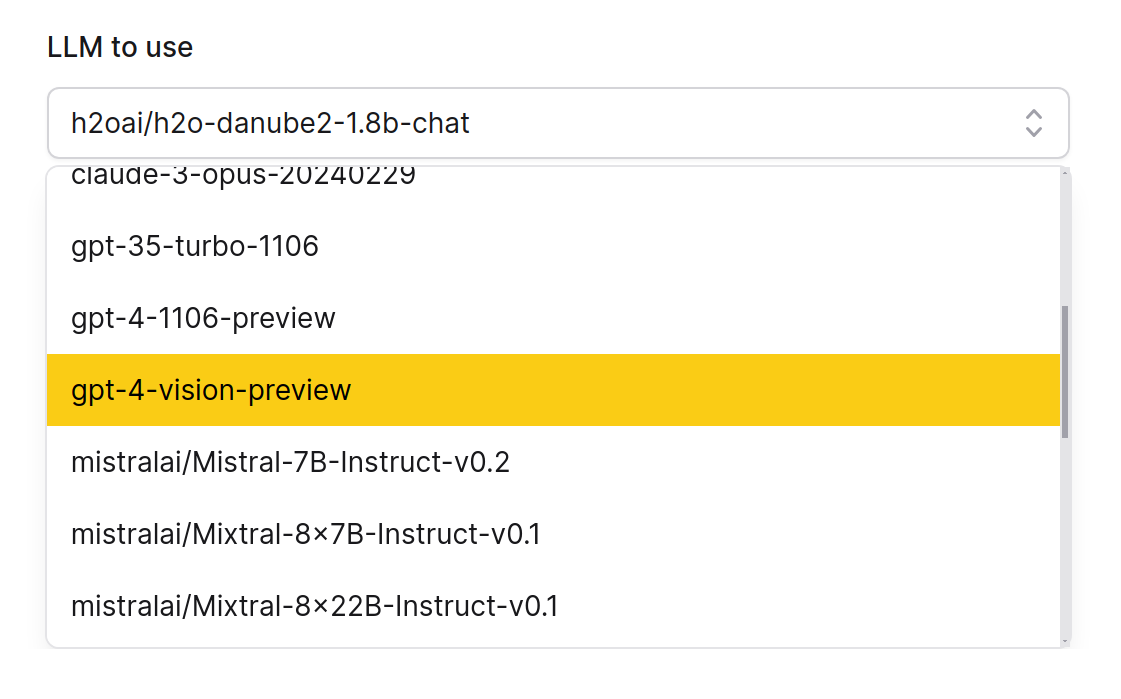 product shot of a drop down menu under "LLM to use" with a list of models to choose from