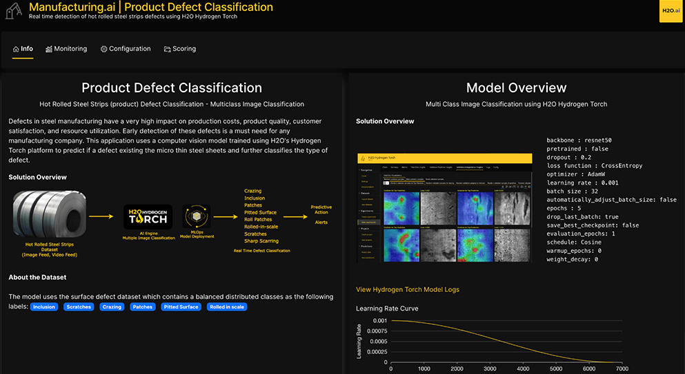 Snapshot of the Product Defect Classification Application