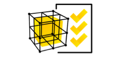 black outlined 3d cube with yellow inside and yellow check marks on the right 