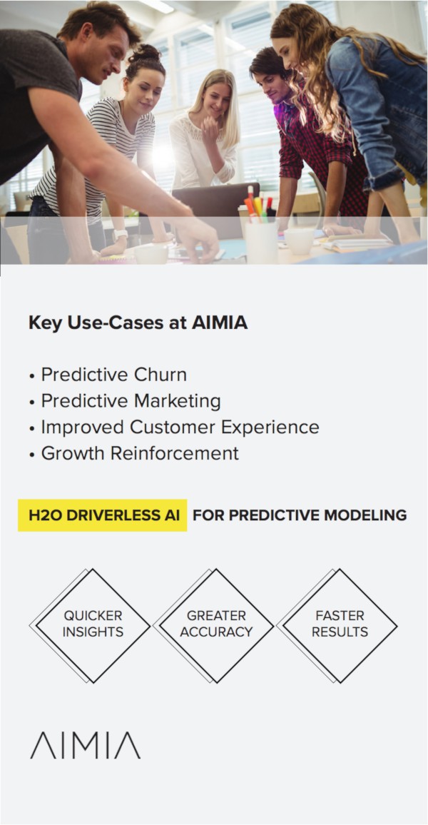 Key use cases at AIMIA, Predictive Churn, Predictive marketing, Improved Customer experience, Growth Reinforcement