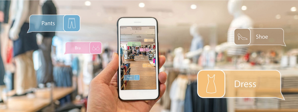 Picture of a mobile phone in a digitally enhanced retail store.