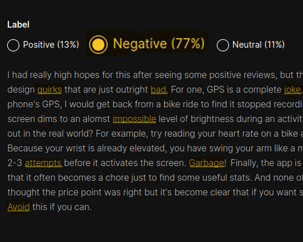 screenshot of label genie identifying a review as negative with highlighted words