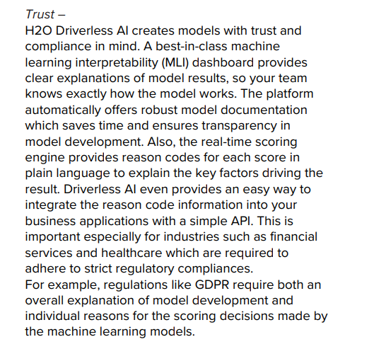 H2O Driverless AI trust and compliance text snippet