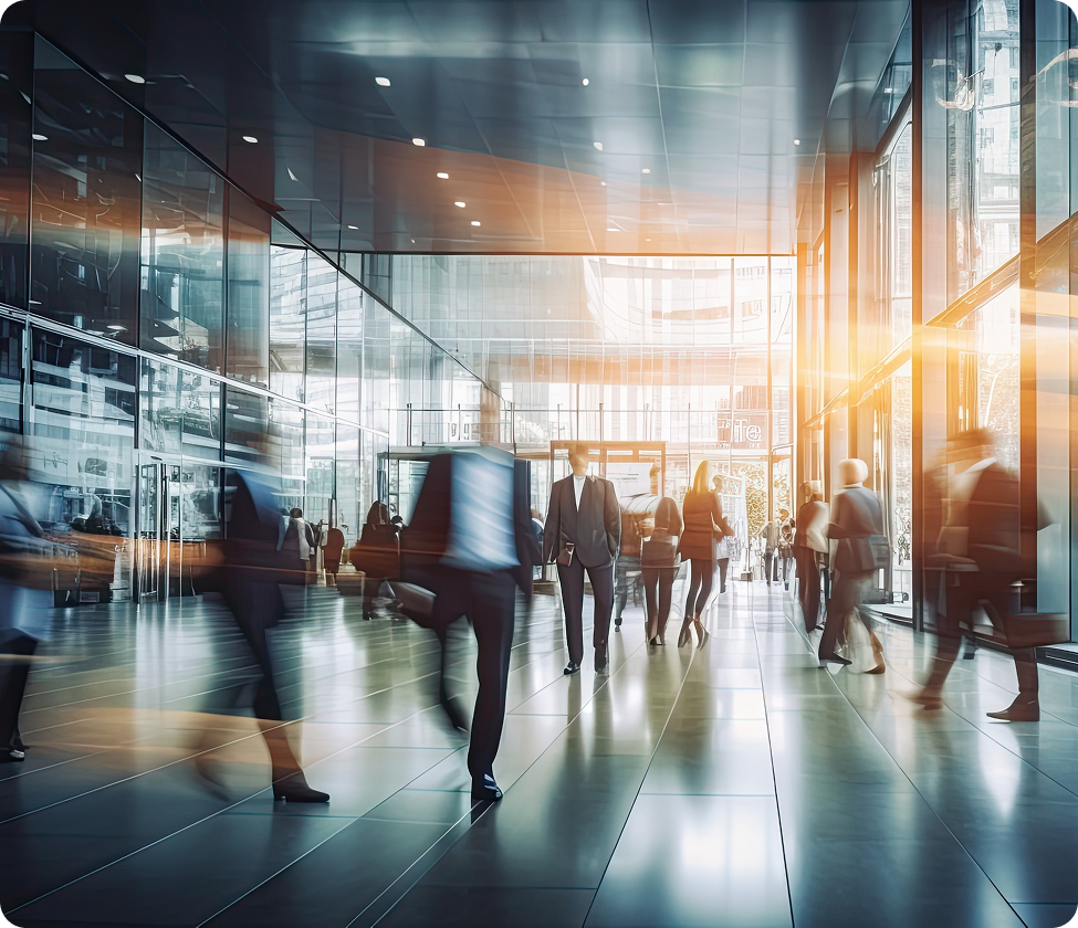 Busy office building entrance
